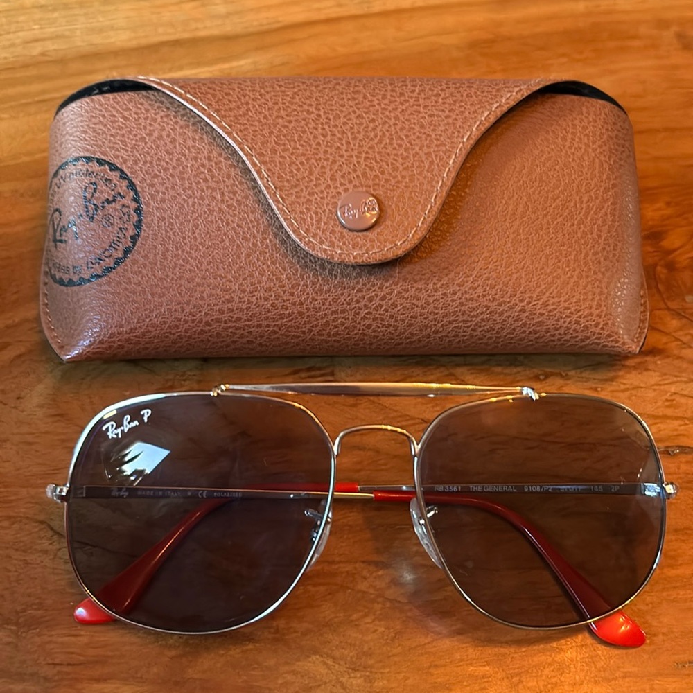 Ray Ban “General” polarized sunglasses with red temple tips - 145 temple length